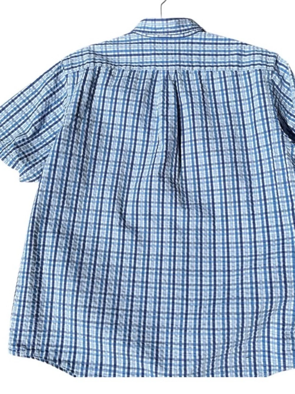 Lands End Men's Blue Plaid Check  Seersucker Short-Sleeve Button-Down Shirt